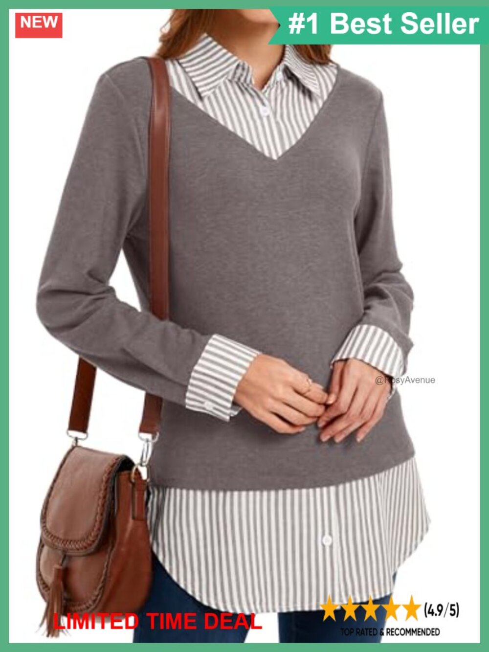 Women's 2 in 1 Collared Pullover Tunic Top Cotton Blend Blouse